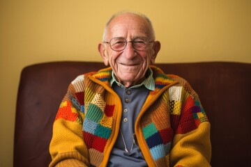 Senior man with gray hair and beard smiling happily in yellow sweater, glasses, and eyeglasses