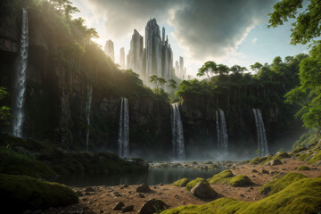 waterfall in the big green forrest, futuristic building city in the jungle. environment lake pool, wallpaper background. center landmark design. architecture nature concept. Ai generate