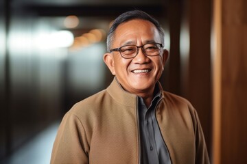 Cheerful senior with glasses smiling at camera in indoor setting