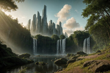 waterfall in the big green forrest, futuristic building city in the jungle. environment lake pool, wallpaper background. center landmark design. architecture nature concept. Ai generate