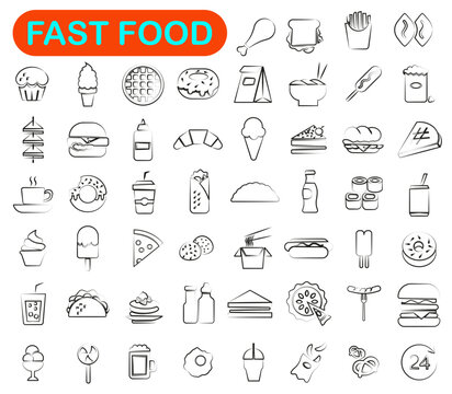 Hamburger and pizza, sausages as snacks, sandwiches and ice cream on the menu, vector flat pictures.