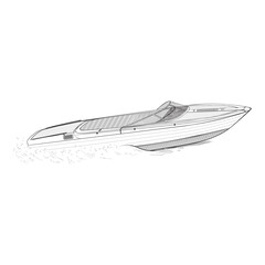 An ancient high-speed wooden boat moves quickly through the water. Moving boat icon. Sketch.