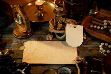 Sea concept on a wooden table background. Label for text or logo