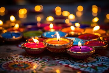 Happy Diwali - Diya oil lamps lit during celebration