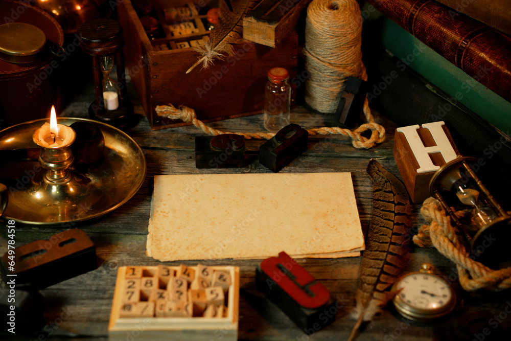Fototapete retro type objects and old wooden typographic blocks. letters and numbers. vinatage background