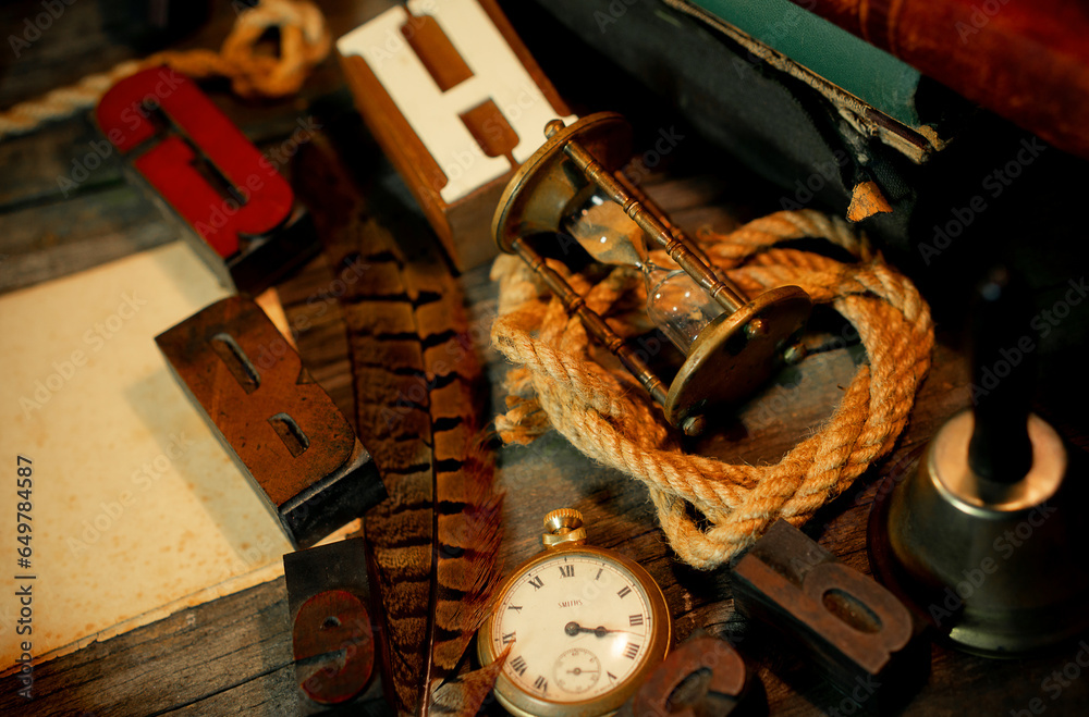 Fototapete retro type objects and old wooden typographic blocks. letters and numbers. vinatage background