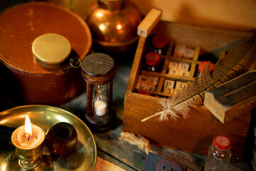 Retro type objects and old wooden typographic blocks. Letters and numbers. Vinatage background