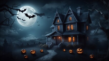Fototapeta na wymiar Halloween background with full moon, creepy house and flying bats.