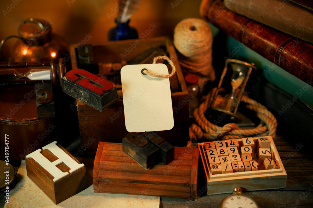 Fototapete paper label beside retro type objects and old wooden typographic blocks. letters and numbers. vinata