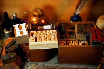 Retro type objects and old wooden typographic blocks. Letters and numbers. Vinatage background