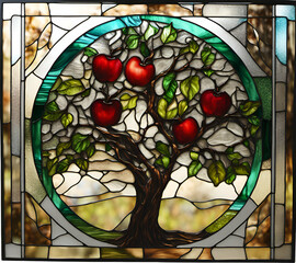 Bright colored apple tree, abstract painting in stained glass style