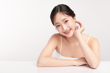 Beautiful young asian woman with clean fresh skin on white background, Face care, Facial treatment, Cosmetology, beauty and spa, Asian women portrait.