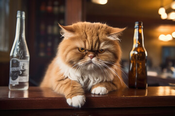 Hyper-realistic gloomy ginger cat at a bar counter with two empty bottles of beer, symbolizing the pressures of daily life. Generative AI illustration