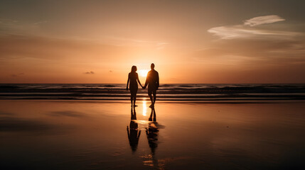 man and woman standing on a beach watching a beautiful su generative AI