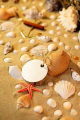 Fototapeta na wymiar Vintage round label on sand among shells and stones