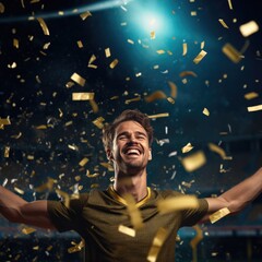 Fototapeta na wymiar Portrait of a happy male football sports player celebrating winning with confetti falling