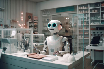 Humanoid smart woman robot, working in pharmacy industry, friendly high technology machine in choosing medicine pills for customer service, information provision. Concept of high-tech assistant. - obrazy, fototapety, plakaty