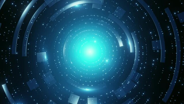 Abstract circle technology background in cyberspace with digital dot lights, spin animation.