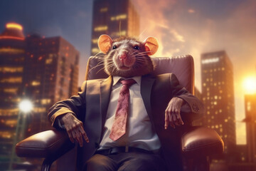 Rat dressed in business suit sits in leather armchair in its high-rise office. Successful businessman or influential politician metaphor. Generative AI illustration - obrazy, fototapety, plakaty