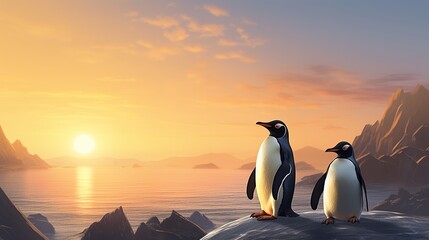 A background image of two penguins at sunset, Linux theme, Canva, copy space - obrazy, fototapety, plakaty