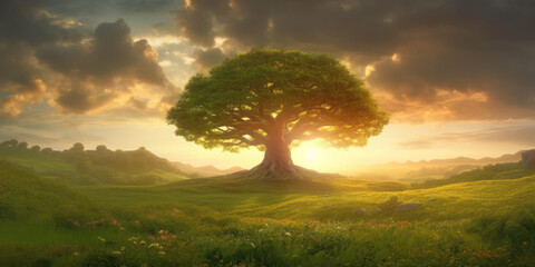 Majestic stand-alone tree atop a hill amidst green field lit by the setting sun, panoramic landscape. Generative AI illustration - obrazy, fototapety, plakaty