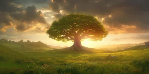 Foto op Canvas Majestic stand-alone tree atop a hill amidst green field lit by the setting sun, panoramic landscape. Generative AI illustration © ChaoticDesignStudio