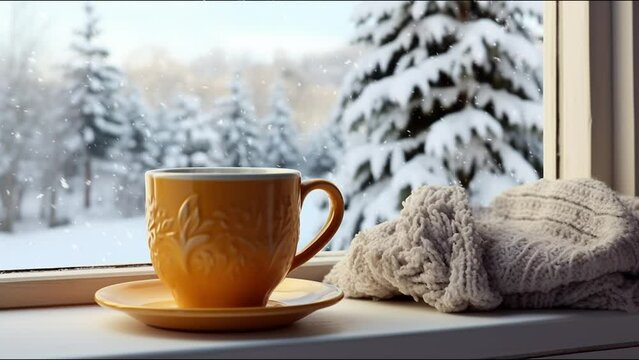 yellow mug cup of coffee on the snow outside in winter
