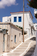 Fototapeta na wymiar Houses in the town of Batsi, Andros, Greece.