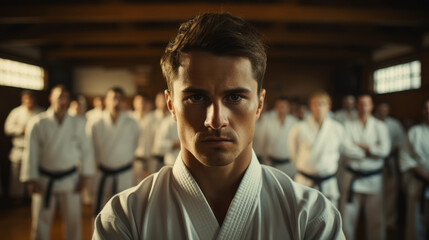 a karate asian martial art training in a dojo hall. young man wearing white kimono and black belt fighting learning, exercising and teaching. students watching in the background