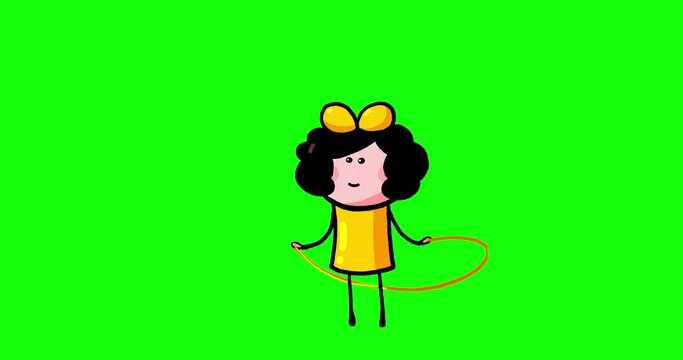 Cartoon kid character moves Julia isolated skipping rope non stop loop play. Moving child serie transparent greenbox. Useful content presenter no background.