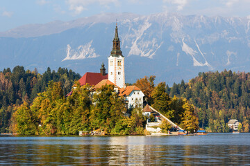Famous alpine Bled lake (Blejsko jezero) in Slovenia, amazing autumn landscape