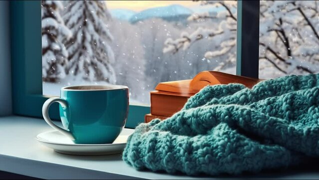 hot coffee cup in the winter with snowing outside