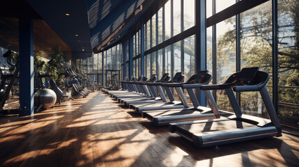 a photo of a interior of a modern fitness center gym club with a workout room with treadmills on a sunny day in the morning.