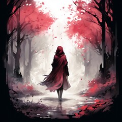 The red riding hood in the woods with a scary silhouette of the woods