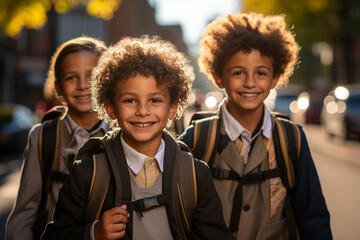 Group of excited smiling elementary school european schoolchildren pupils wearing the same uniforms walk to school on foot. Welcome back to school. The new academic semester year start for little kids - obrazy, fototapety, plakaty