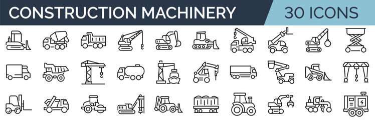 Set of 30 outline icons related to construction machinery. Linear icon collection. Editable stroke. Vector illustration - obrazy, fototapety, plakaty