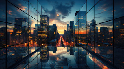 Reflective skyscrapers, business office buildings, view of the city - obrazy, fototapety, plakaty