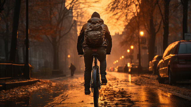 A Young American Man From Behind Riding A Bicycle On A Road In A City Street.