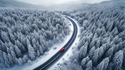 Curvy windy road in snow covered forest