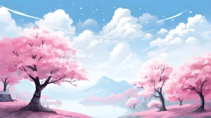 Fotobehang Cherry blossom landscape illustration wallpaper  © Alice