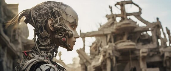 Portrait of female cyborg in white armour standing in ruined town. High quality 4k footage