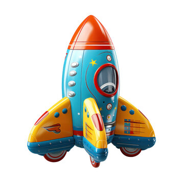 Colorful toy rocket on wheels. Isolated on transparent background.