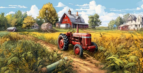 Schilderijen op glas tractor in field, a picture of an old farm beside village home hd wallpaper © Your_Demon