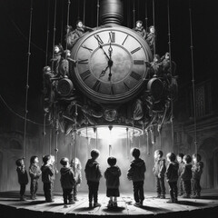 Fantastical scene of children in a great hall observing and climbing on a large clock with a glowing light source emanating from the bottom