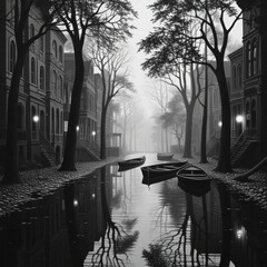 Fantastical scene of brownstone homes on a street made of water with abandoned boats in the fog