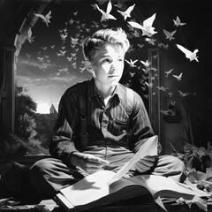 Fantastical scene of boy reading book as light shines on his face and paper birds take flight