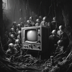 Fantastical scene of men in uniforms wearing steampunk helmets and goggles surrounding a vintage television in the woods with dangling vines and cables