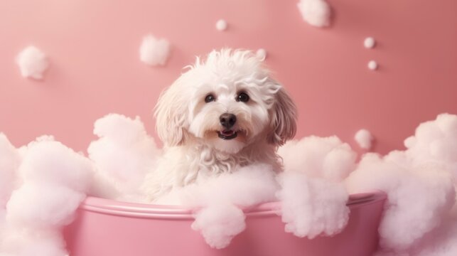 Cute little dog taking a bath in a pink tub with white fluffy clouds.