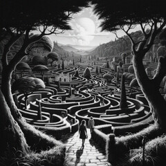 Fantastical scene of children walking through a twisted maze toward the horizon