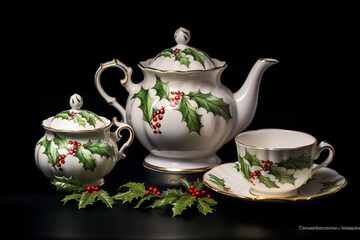 Dainty Porcelain Tea Set With Holly Motifs